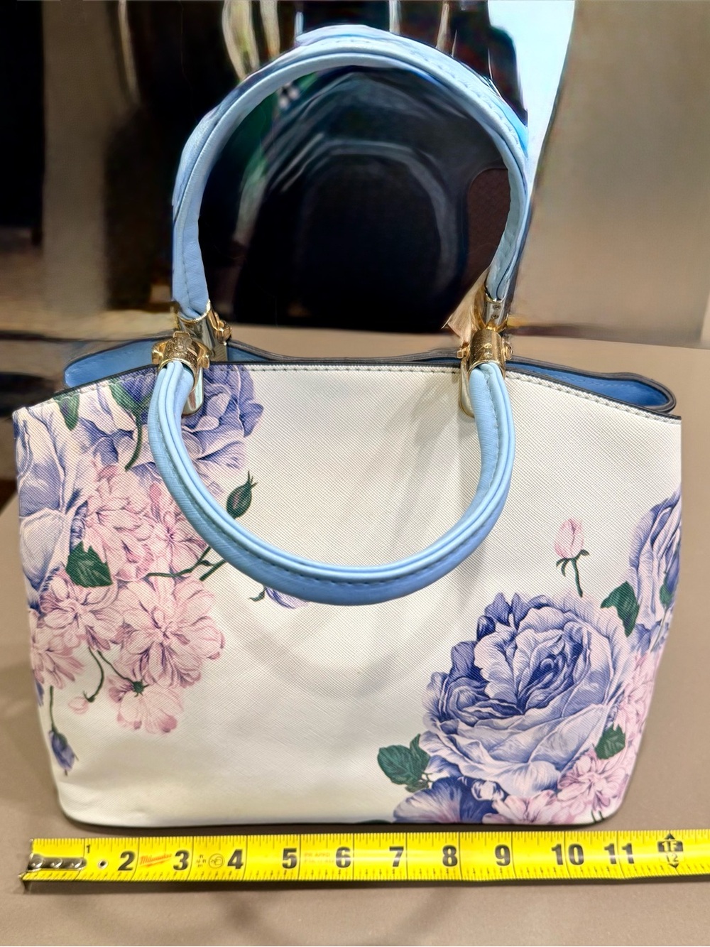 Floral Print White Tote with Light Blue Handles